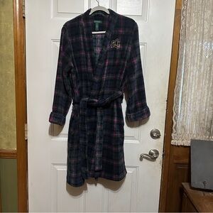 Lauren Ralph Lauren Women’s L Fluffy Robe Multi Color Plaid Gold Monogram Belted